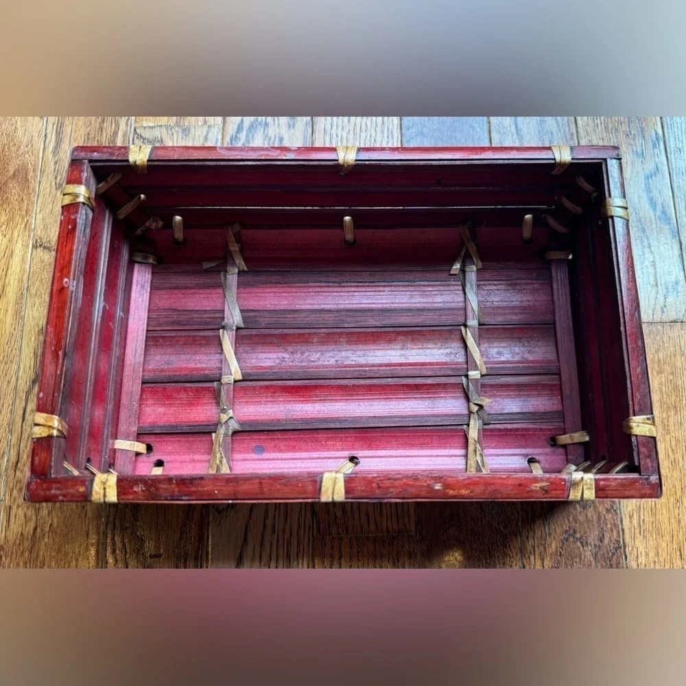 Red Tortoise Shell Bamboo Storage Box Vintage Home Decor Handmade Hand Crate